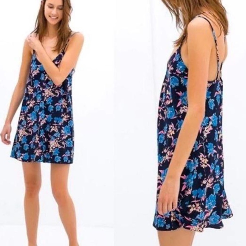 ZARA Strappy Back Blue Floral Cami Mini Dress - Size Small - Picture 3 of 4